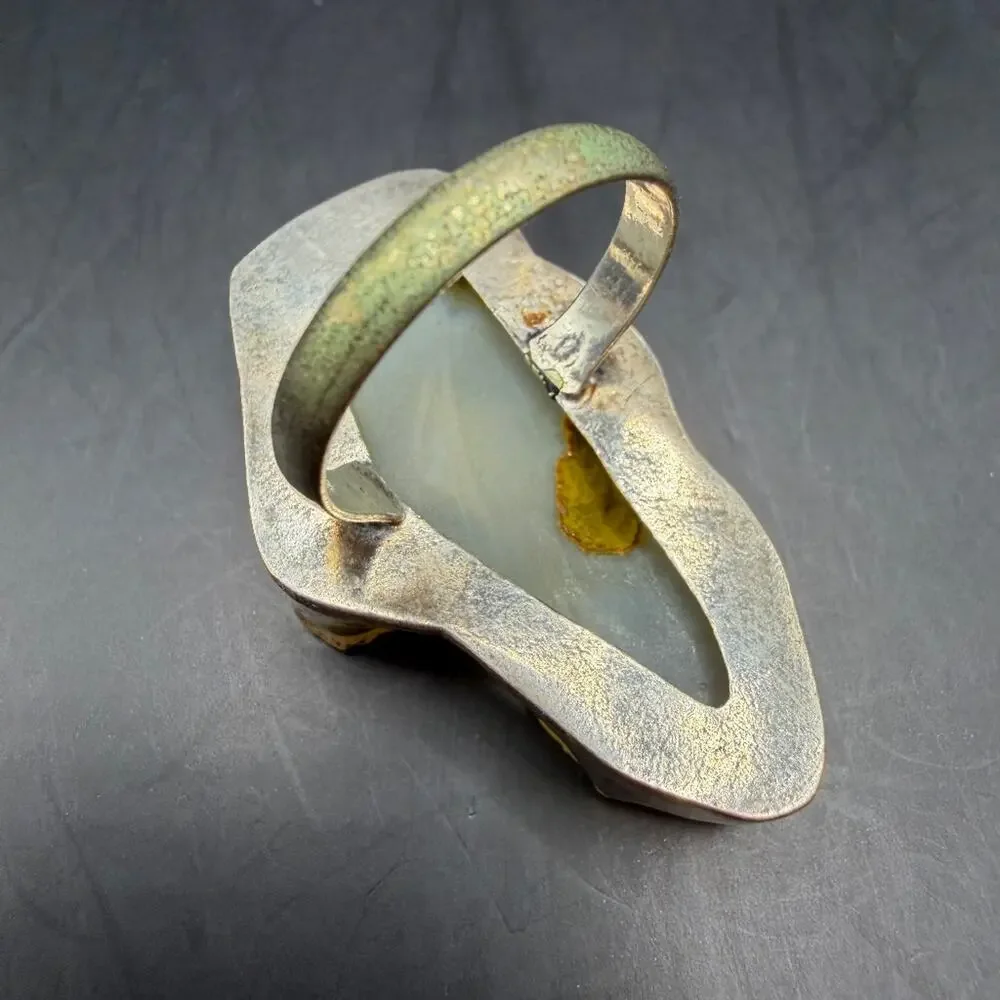 Handcrafted White Druzy Agate Slice Statement Ring Size 8 Natural Gemstone